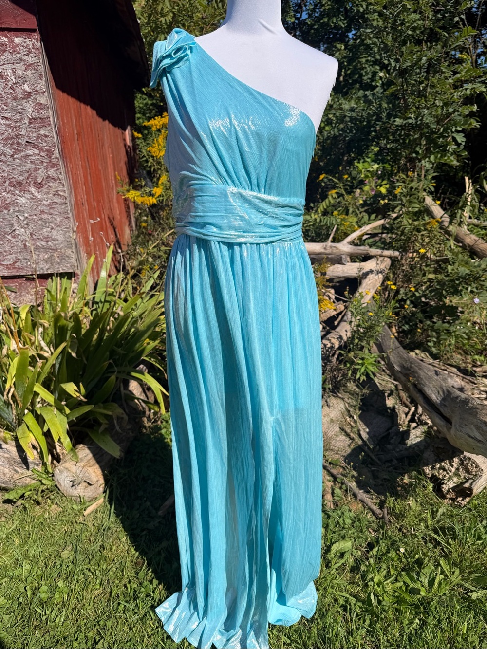 Aqua One-Shoulder Chiffon Evening Dress